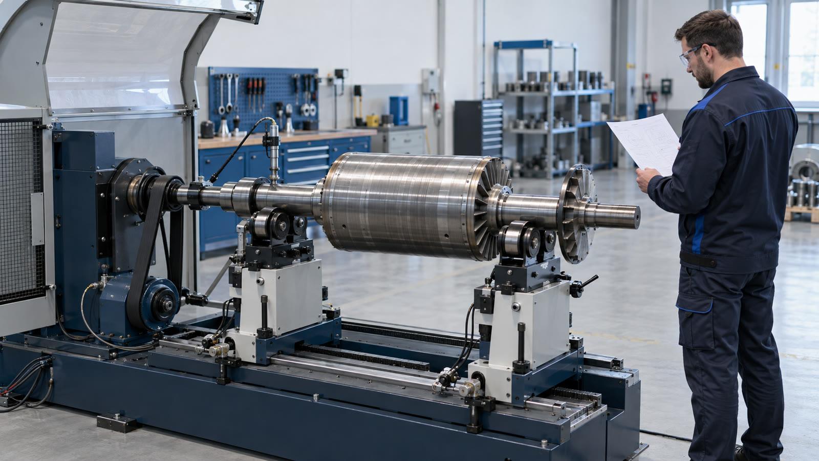 Engineer reviewing a stopped rotor on a horizontal balancing machine before residual-unbalance acceptance
