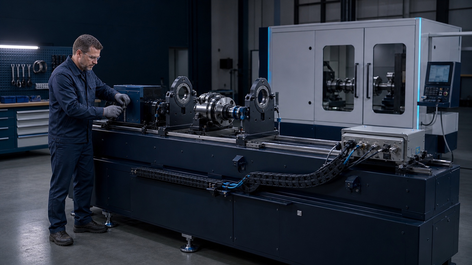 Engineer commissioning a raised modular rotor balancing machine in an industrial workshop