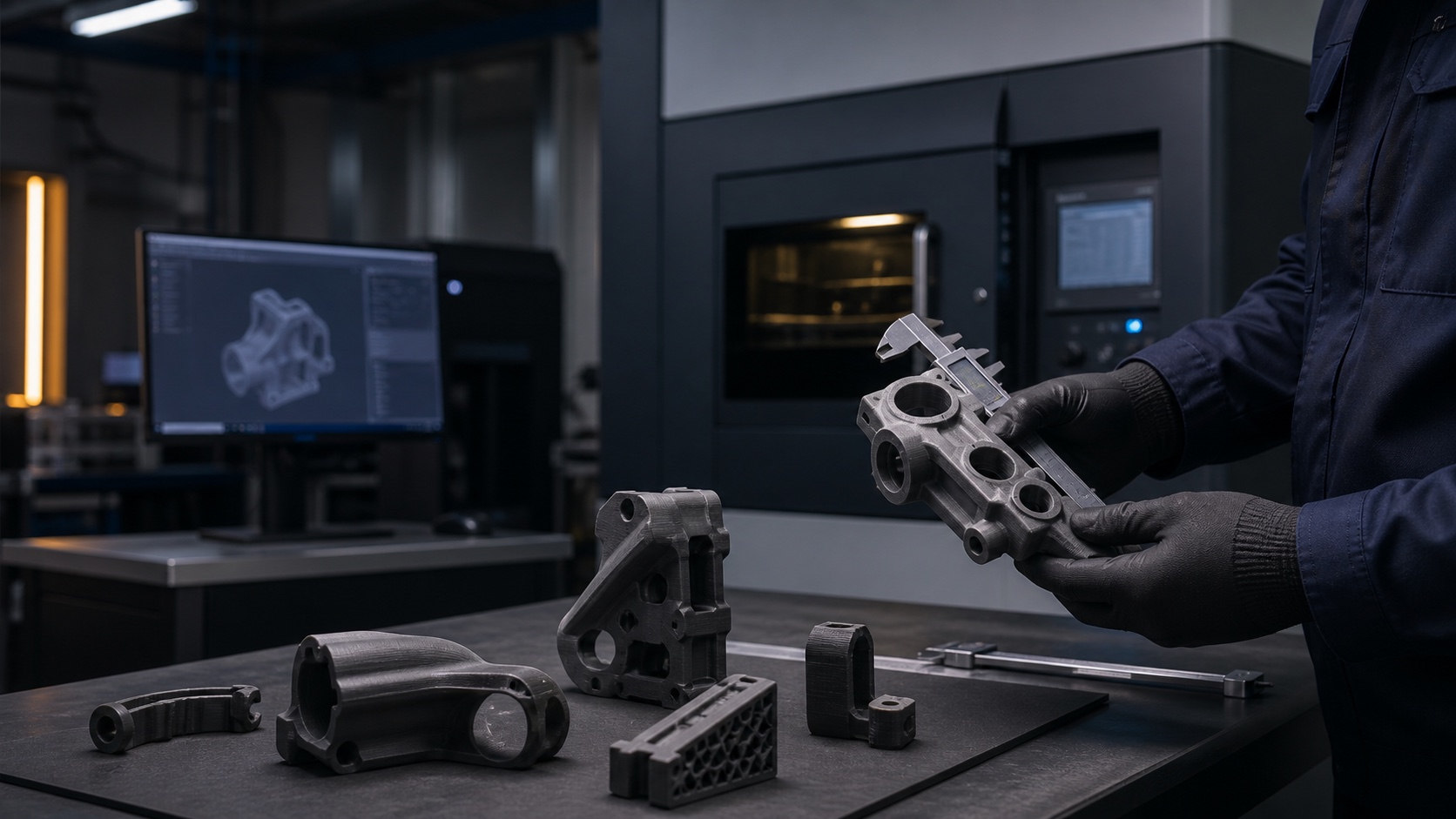 Engineer inspecting functional plastic 3D-printed parts beside an industrial additive manufacturing system